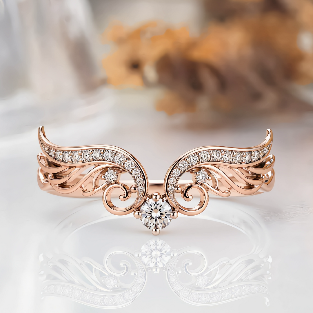 Delicate Angel Wing Moissanite Stacking Band 14K Solid Gold Ring