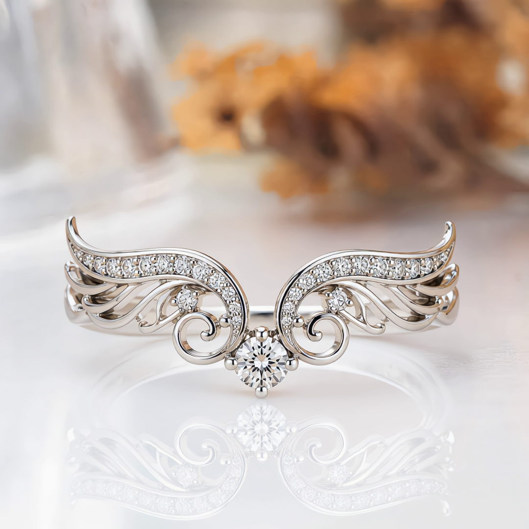 Delicate Angel Wing Moissanite Stacking Band 14K Solid Gold Ring