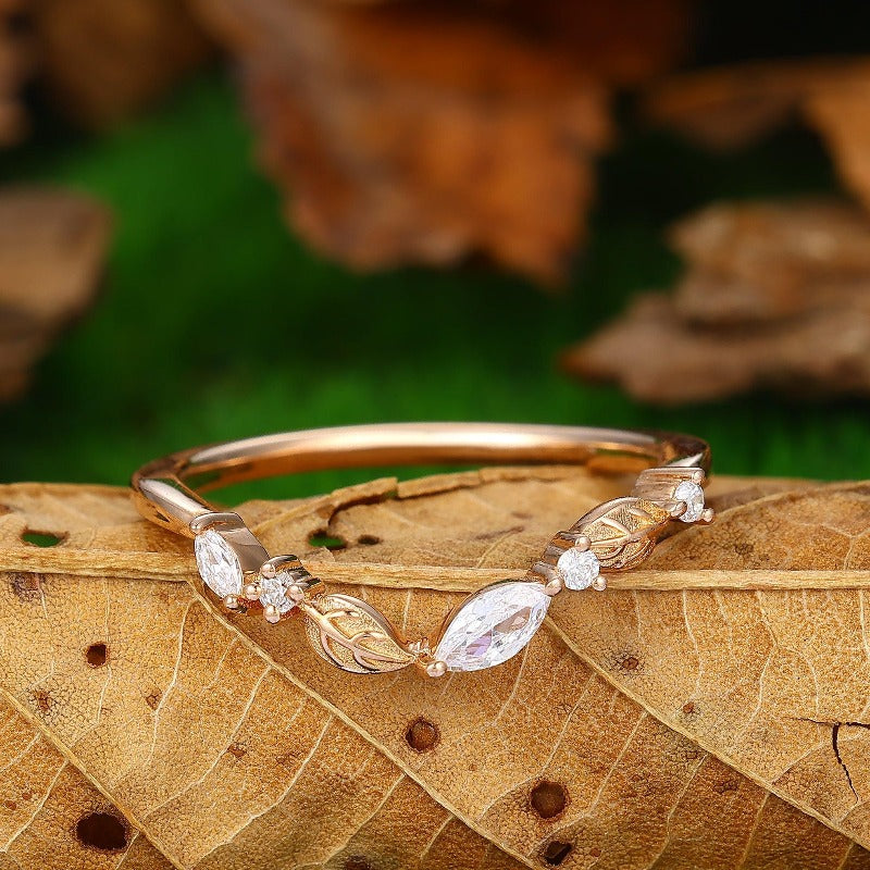 Leaf Branch Band Bridal Dainty Moissanite Anniversary Band - Esdomera