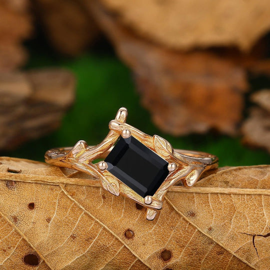 Leaf Branch Design Emerald Cut Natural Black Onyx Bridal Promise Ring 14k Rose Gold - Esdomera