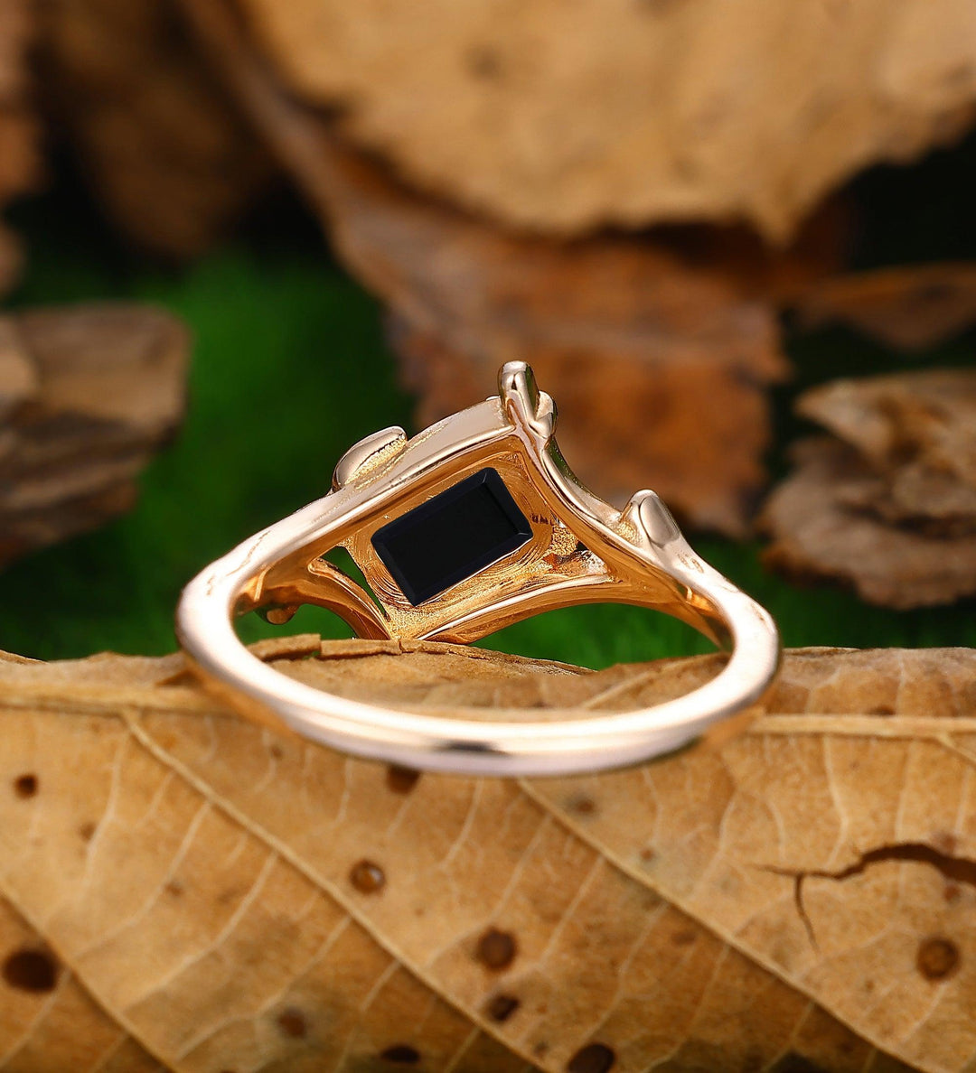 Leaf Branch Design Emerald Cut Natural Black Onyx Bridal Promise Ring 14k Rose Gold - Esdomera