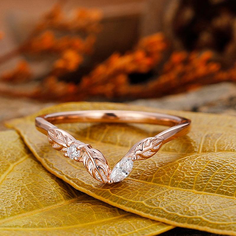 Leaf Curved Stackable Art Deco rosa gold 14k Gemstone Ring - Esdomera
