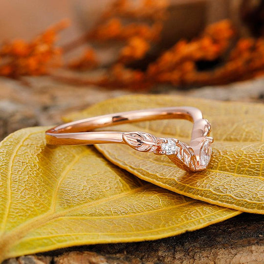 Leaf Curved Stackable Art Deco rosa gold 14k Gemstone Ring - Esdomera