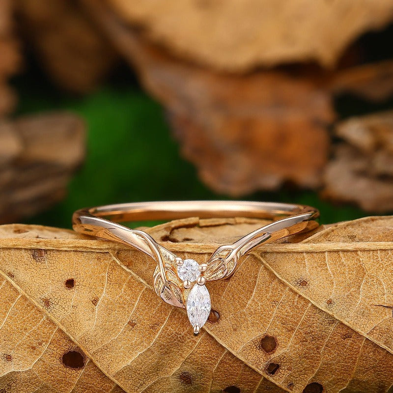 leaf design branch Art deco yellow gold Stacking matching band marquise moissanite ring - Esdomera