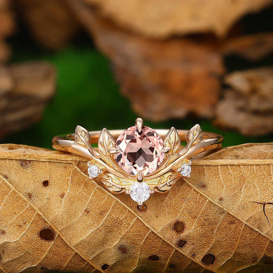 Leaf Vines 0.8ct Round Cut Natural Pink Morganite 10k 14k Gold Bridal Ring - Esdomera