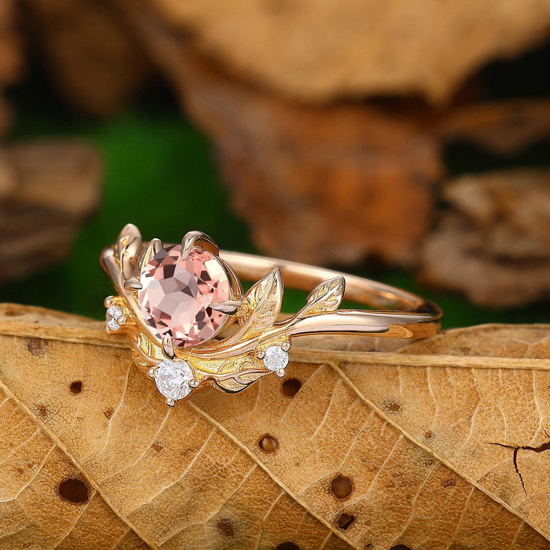 Leaf Vines 0.8ct Round Cut Natural Pink Morganite 10k 14k Gold Bridal Ring - Esdomera