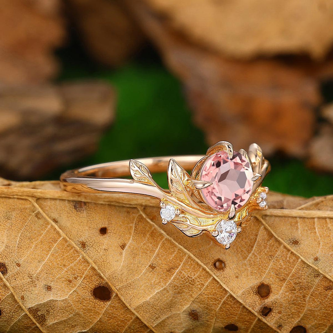 Leaf Vines 0.8ct Round Cut Natural Pink Morganite 10k 14k Gold Bridal Ring - Esdomera