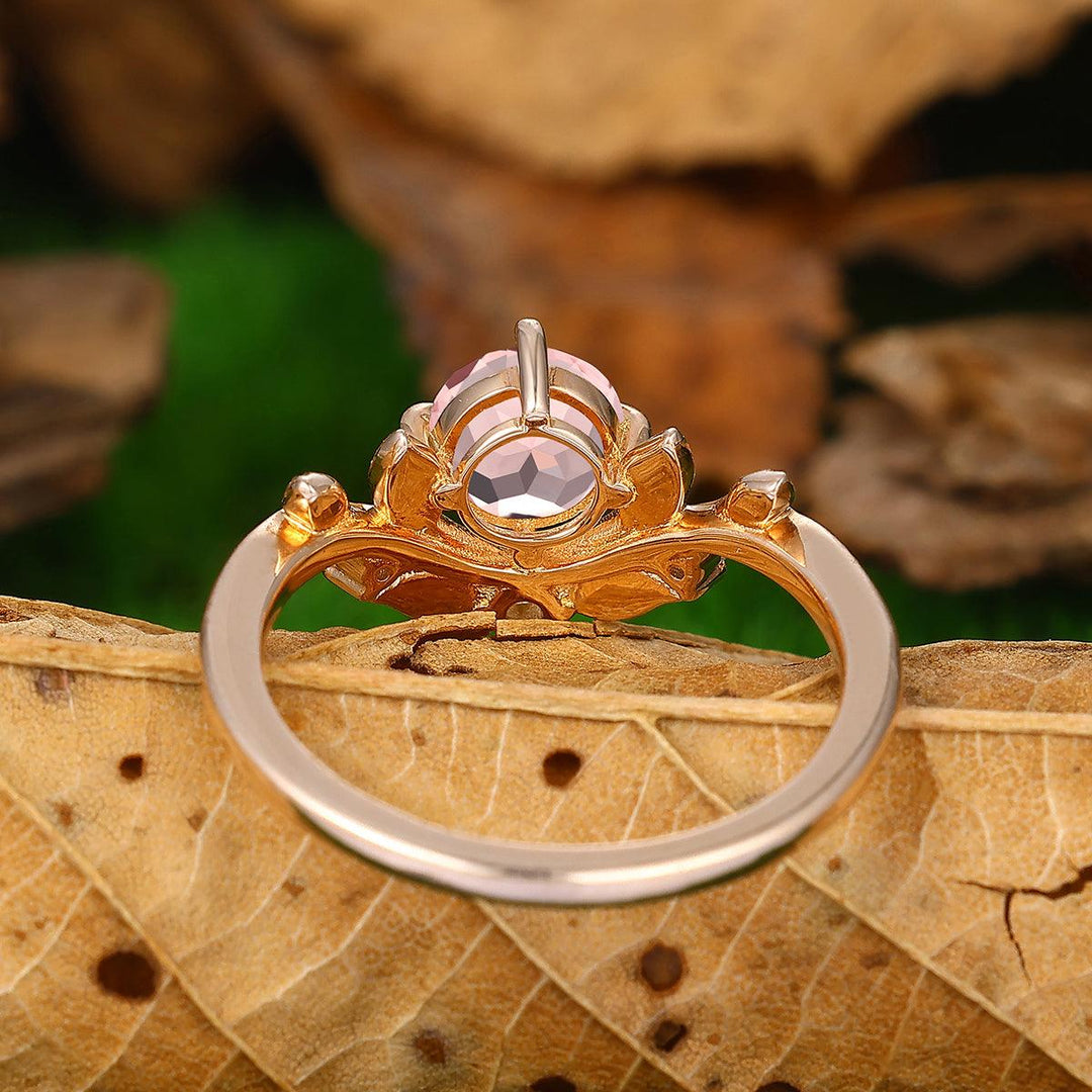 Leaf Vines 0.8ct Round Cut Natural Pink Morganite 10k 14k Gold Bridal Ring - Esdomera