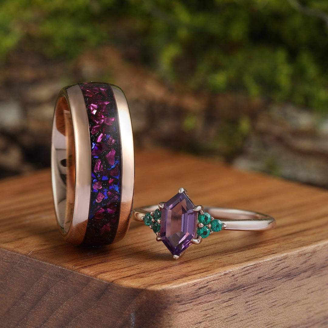 Long Hexagon Amethyst Engagement His and Hers Wedding Band Couples Ring Set - Esdomera