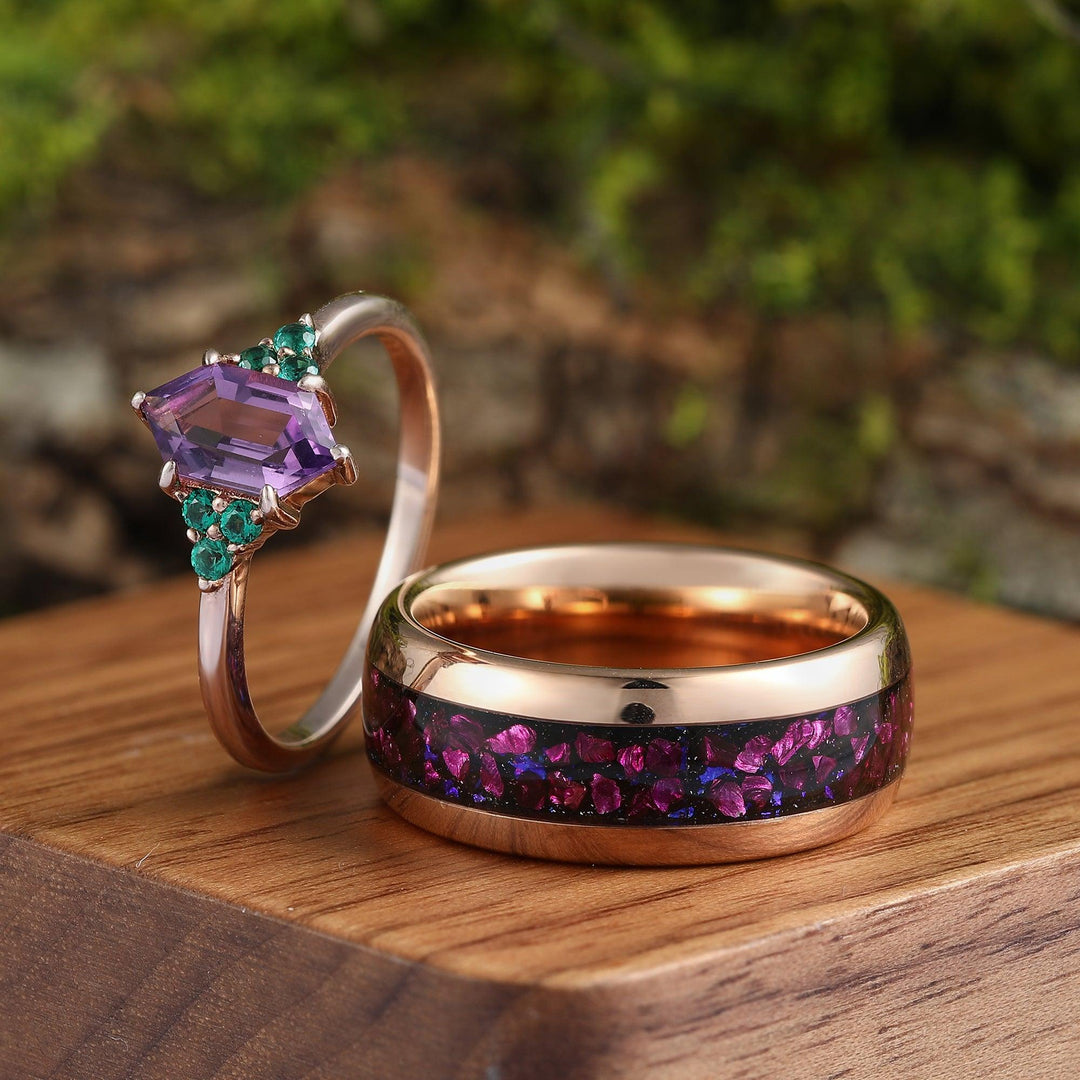 Long Hexagon Amethyst Engagement His and Hers Wedding Band Couples Ring Set - Esdomera