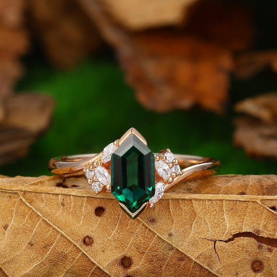 Long Hexagon Cut 1.1CT Emerald 14k Gold Minimalist Unique Moissanite Engagement Wedding Ring - Esdomera