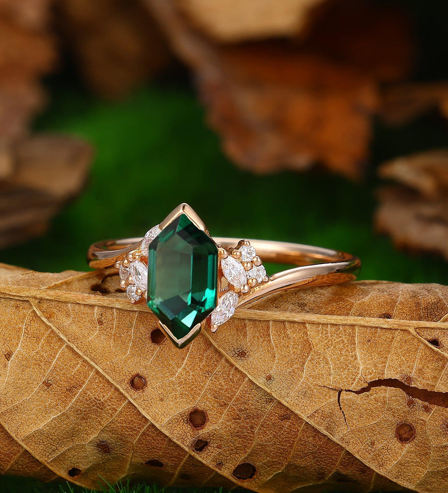 Long Hexagon Cut 1.1CT Emerald 14k Gold Minimalist Unique Moissanite Engagement Wedding Ring - Esdomera