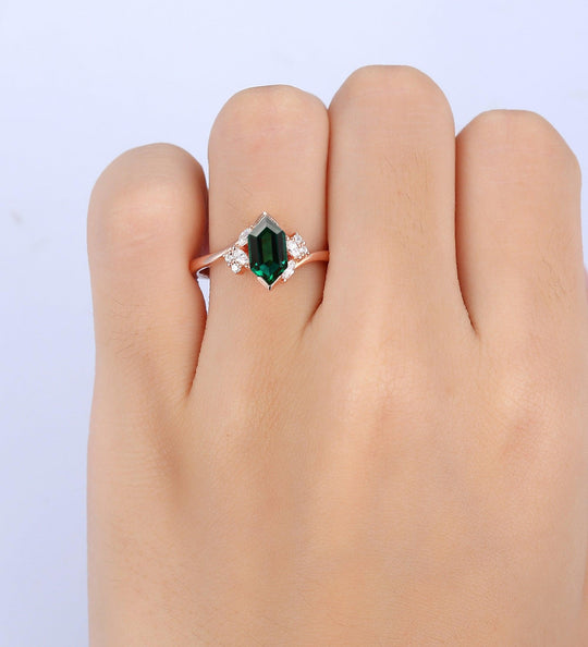 Long Hexagon Cut 1.1CT Emerald 14k Gold Minimalist Unique Moissanite Engagement Wedding Ring - Esdomera