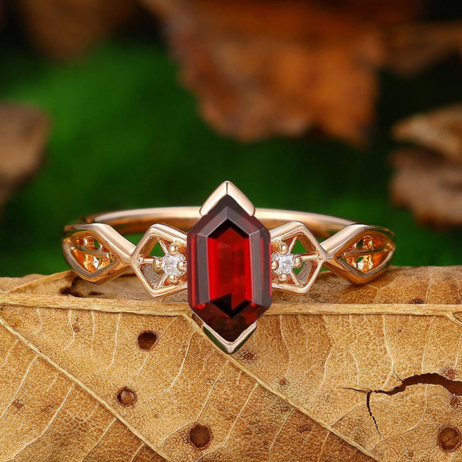 Long hexagon Cut 1.1CT Natural Red Garnet 925 Sterling Silver Engagement Ring - Esdomera