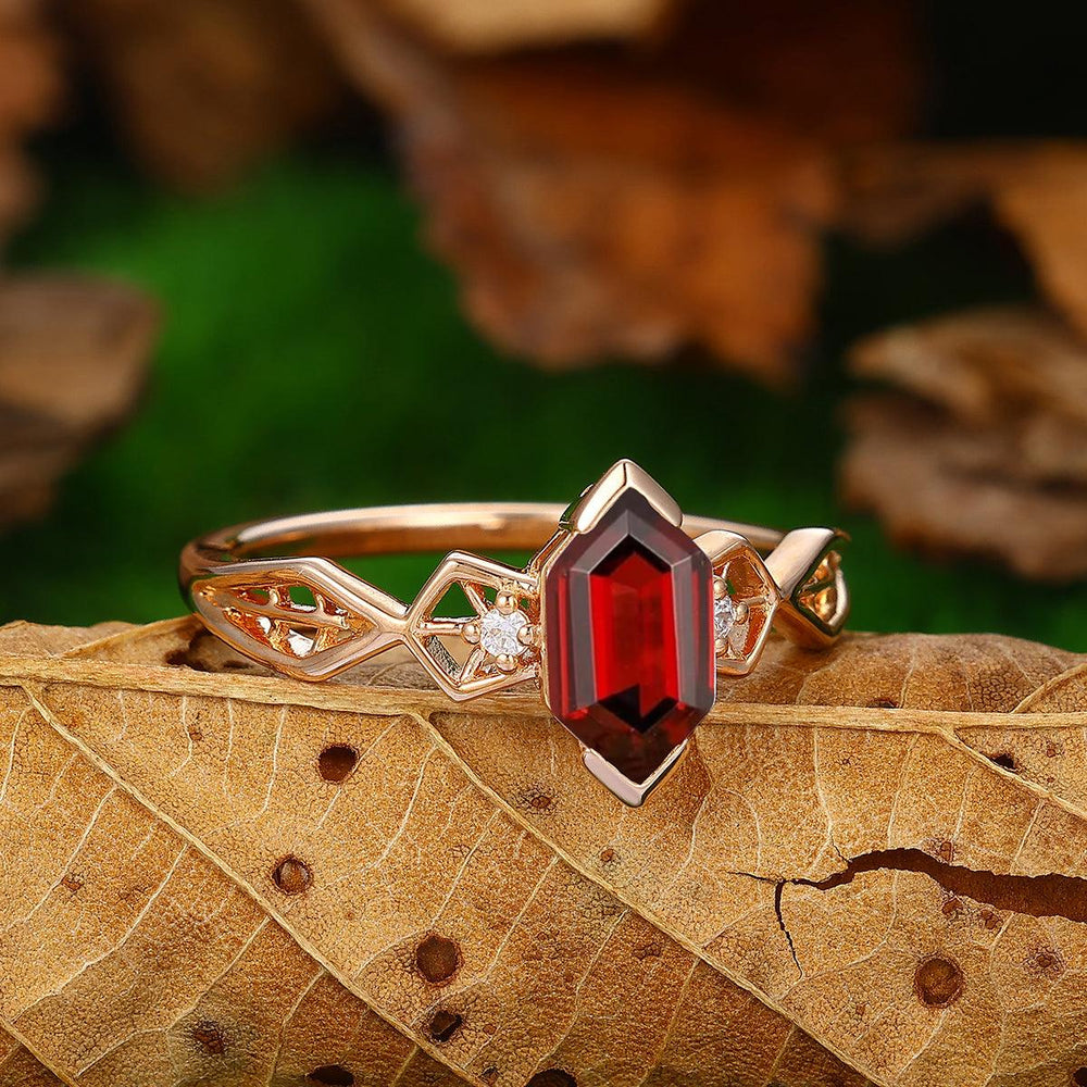 Long hexagon Cut 1.1CT Natural Red Garnet 925 Sterling Silver Engagement Ring - Esdomera
