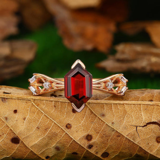 Long Hexagon Cut 1.8CT Natural Red Garnet 14k Solid Gold Anniversary Ring Gift - Esdomera