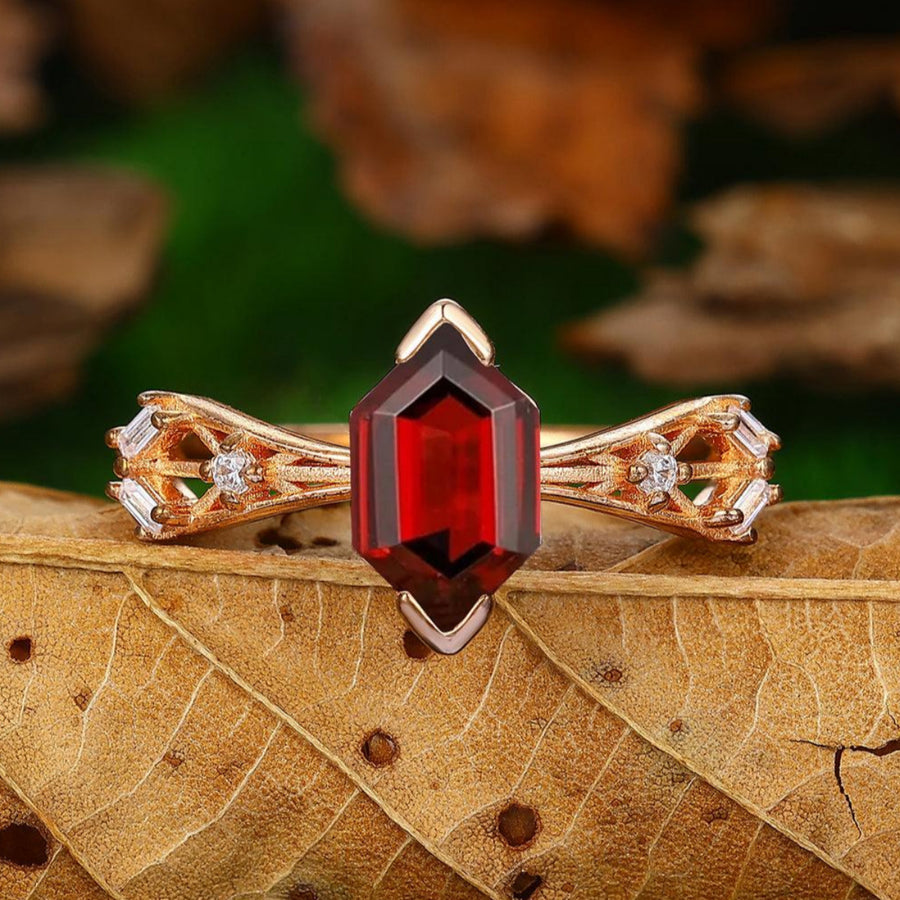 Long Hexagon Cut 1.8CT Natural Red Garnet 14k Solid Gold Anniversary Ring Gift - Esdomera