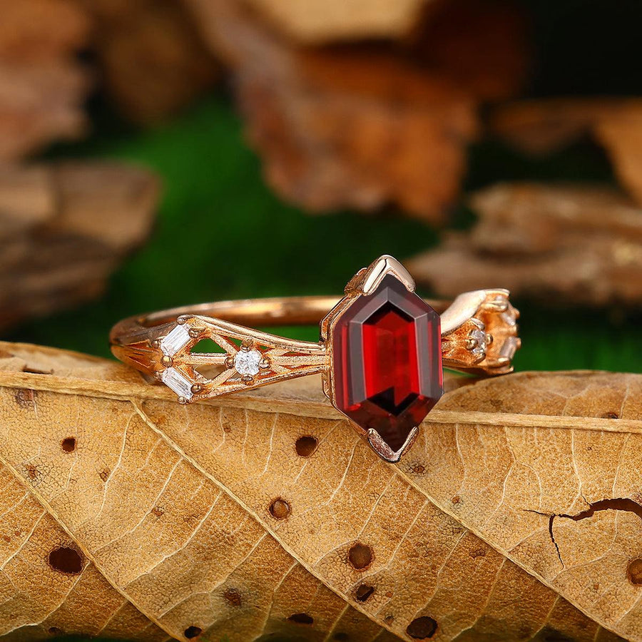 Long Hexagon Cut 1.8CT Natural Red Garnet 14k Solid Gold Anniversary Ring Gift - Esdomera