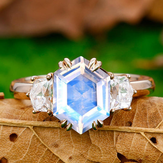 Long Hexagon Cut Moonstone Double Prongs Ring Cadillac Cut Moissanite Inlay Ring - Esdomera