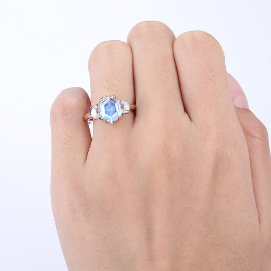 Long Hexagon Cut Moonstone Double Prongs Ring Cadillac Cut Moissanite Inlay Ring - Esdomera