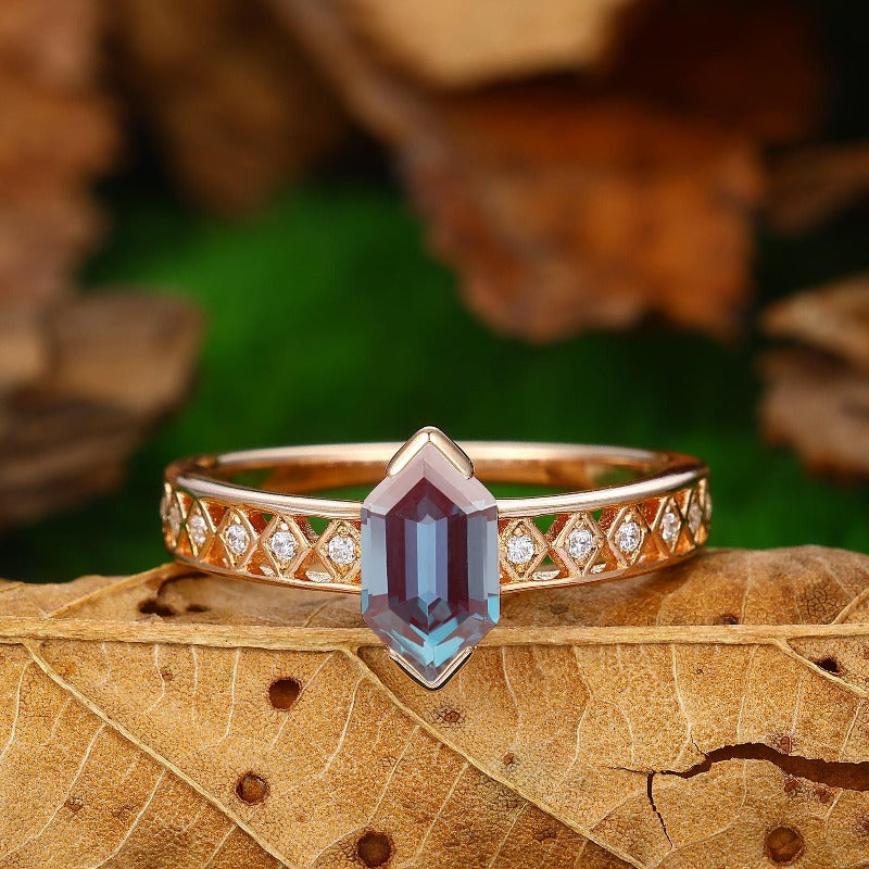Long Hexagon Cut Rose Gold Silver Alexandrite Ring Minimalist Vintage - Esdomera