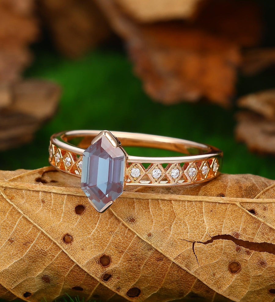 Long Hexagon Cut Rose Gold Silver Alexandrite Ring Minimalist Vintage - Esdomera