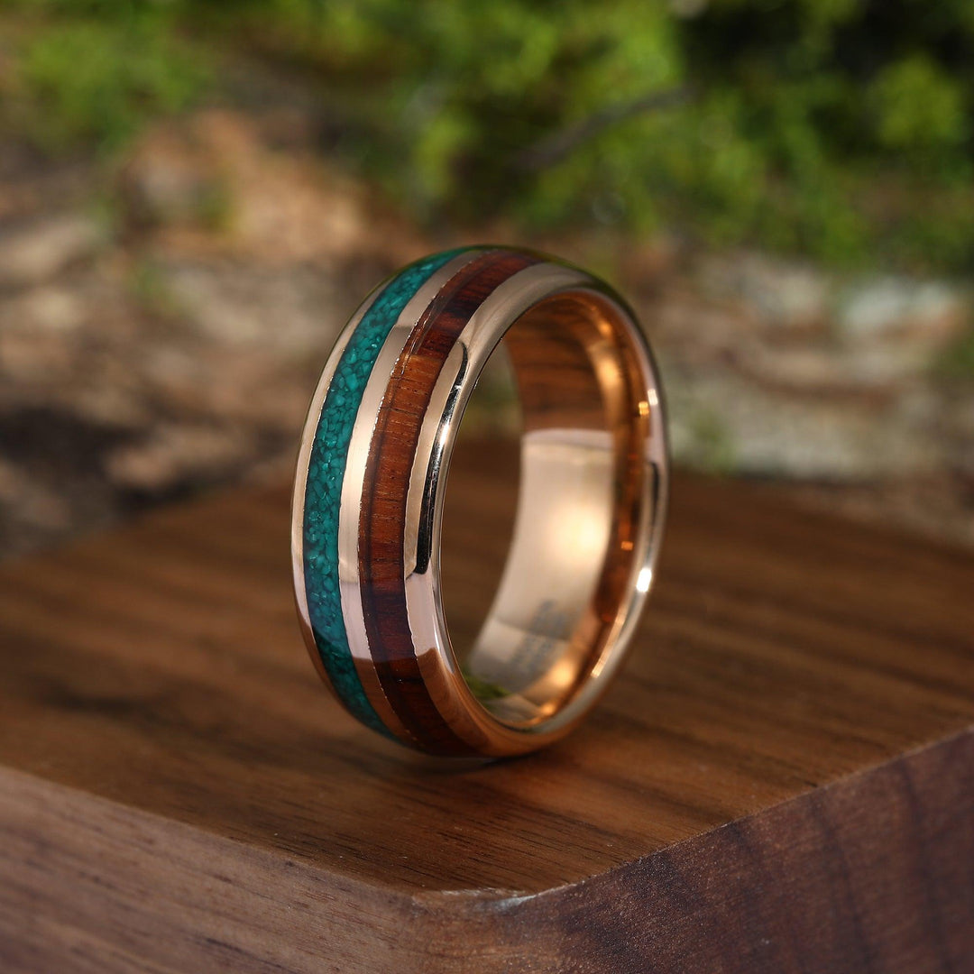 Malachite Koa Wood Ring Whiskey Barrel Mens Wedding Band Enagagement Anniversary Tungsten Wooden Inlay Promise Ring For Him - Esdomera