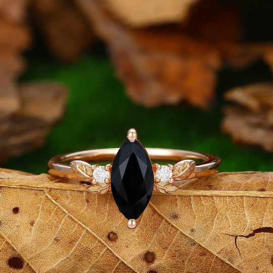 Marquise Shaped Natural Black Onyx 14k 18k Rose Gold Ring Nature Inspired Leaf moissanite Ring - Esdomera