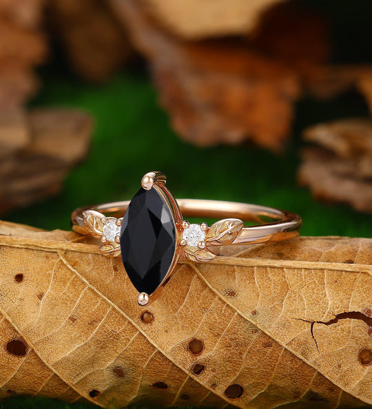 Marquise Shaped Natural Black Onyx 14k 18k Rose Gold Ring Nature Inspired Leaf moissanite Ring - Esdomera