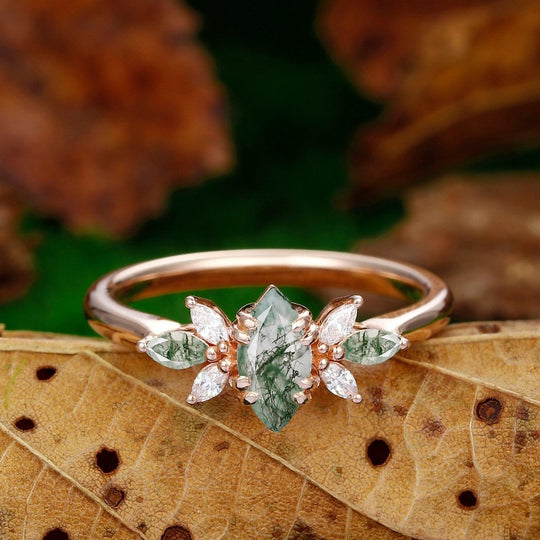 marquise shaped natural moss agate 14k rose gold art deco moissanite ring - Esdomera