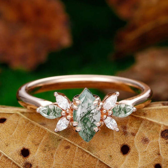 marquise shaped natural moss agate 14k rose gold art deco  moissanite ring