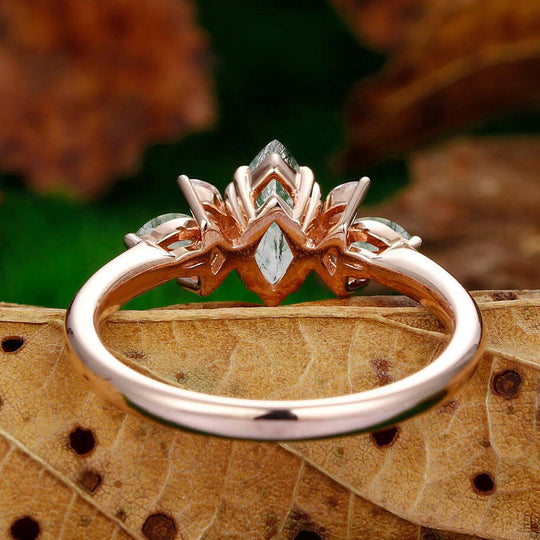 marquise shaped natural moss agate 14k rose gold art deco  moissanite ring