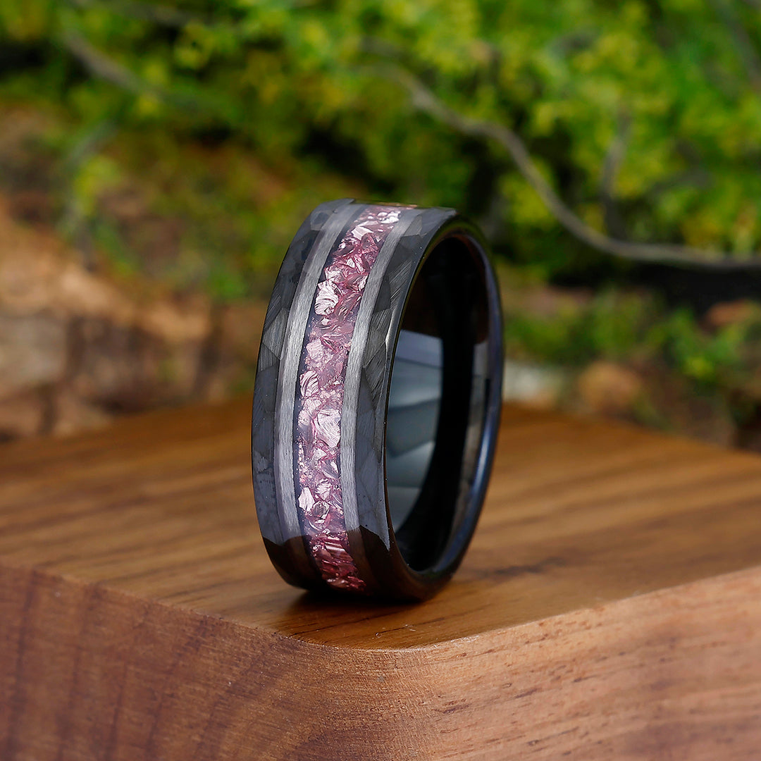 Men's 8mm Tungsten Ring Pink Sapphire Inset Wedding Ring - Black, Rose Gold, Yellow Gold Anniversary & Promise Ring - Esdomera