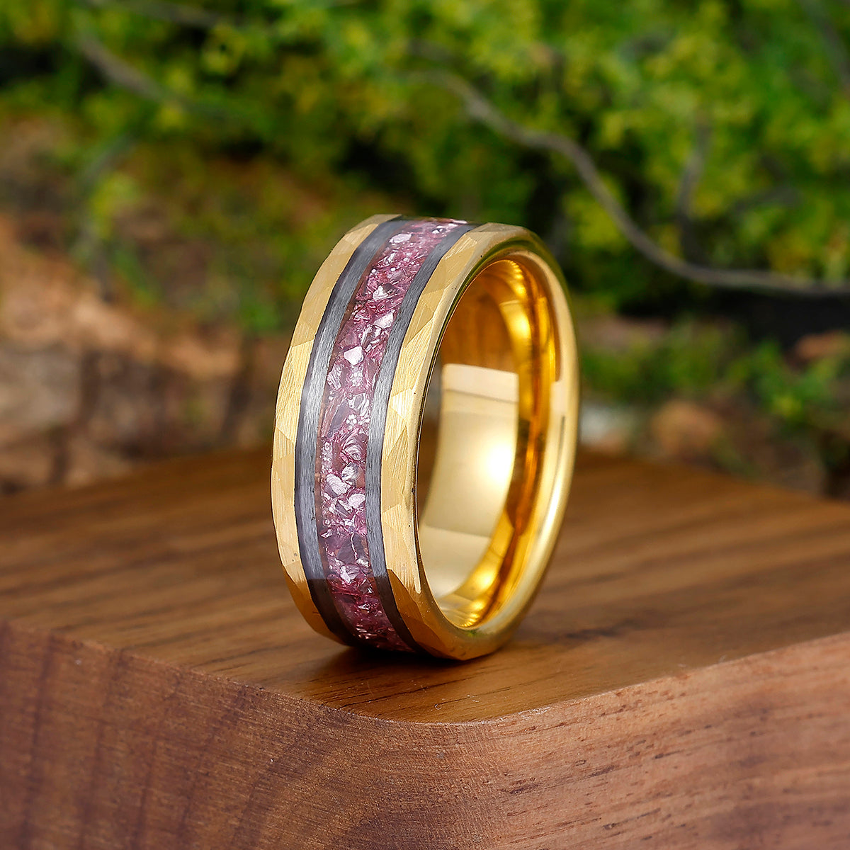Men's 8mm Tungsten Ring Pink Sapphire Inset Wedding Ring - Black
