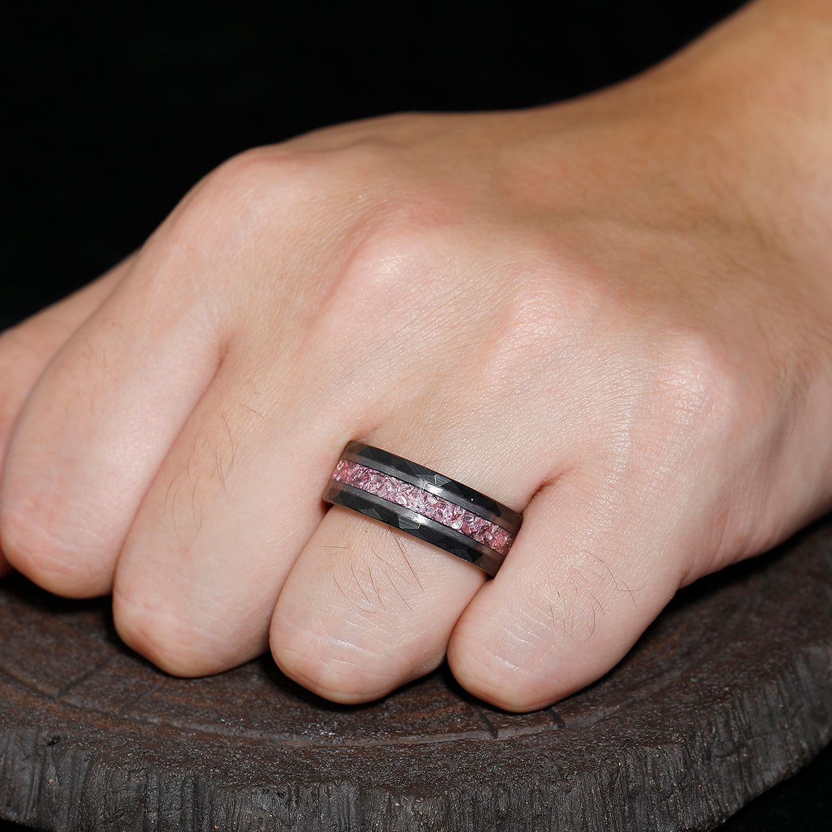 Men's 8mm Tungsten Ring Pink Sapphire Inset Wedding Ring - Black