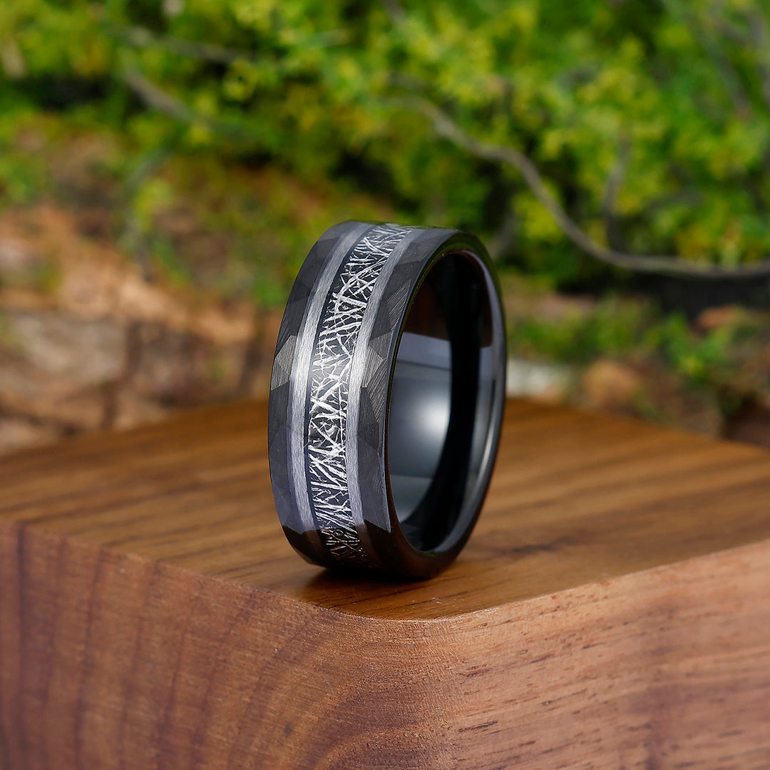 Men's 8mm White Meteorite Inlay Tungsten Wedding Band - Rose Gold, Black, or Yellow Gold Anniversary & Promise Ring - Esdomera