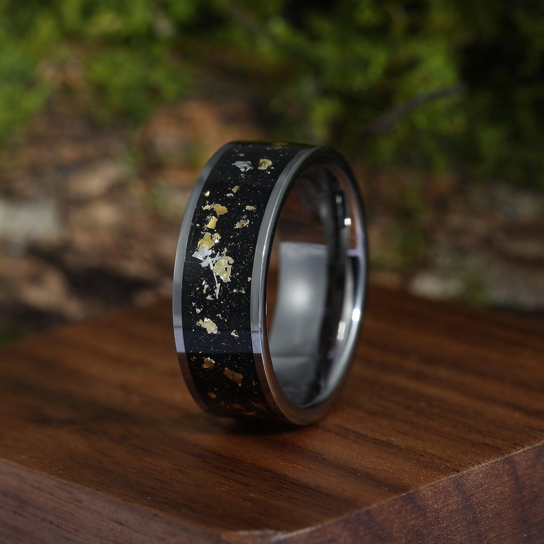 Meteorite 18K Gold Leaf Flakes Crushed Meteorite and Mens Tungsten Gold Mens Silver Promise Ring - Esdomera