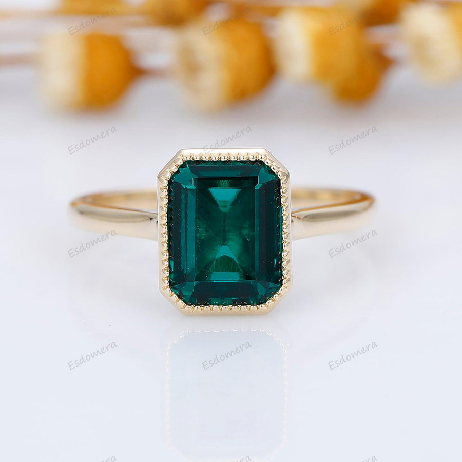 Milgrain Bezel Set 3CT Emerald Cut Green Emerald Engagement Ring - Esdomera