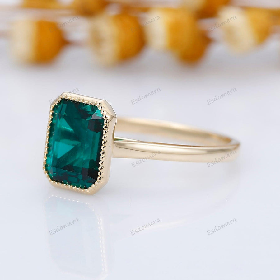 Milgrain Bezel Set 3CT Emerald Cut Green Emerald Engagement Ring - Esdomera