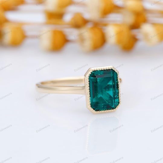 Milgrain Bezel Set 3CT Emerald Cut Green Emerald Engagement Ring - Esdomera
