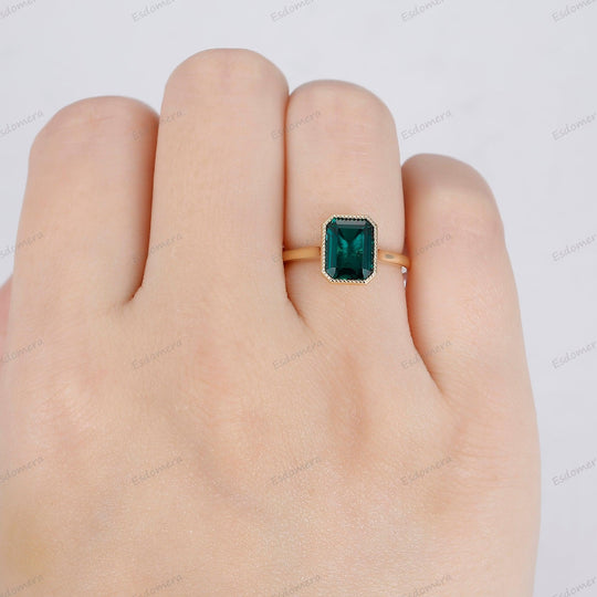 Milgrain Bezel Set 3CT Emerald Cut Green Emerald Engagement Ring - Esdomera