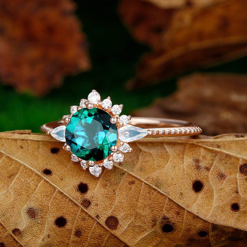 Milgrain Design 14k Rose Gold Halo Emerald Engagement Ring with Moonstone - Esdomera
