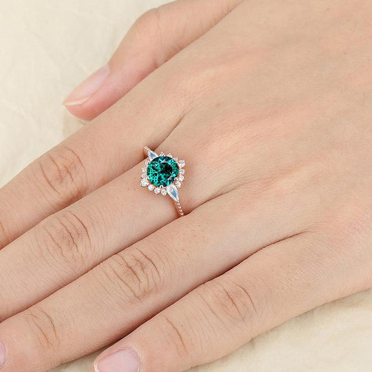 Milgrain Design 14k Rose Gold Halo Emerald Engagement Ring with Moonstone - Esdomera