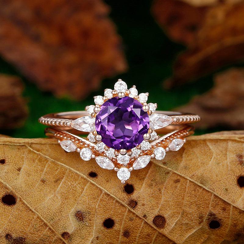 Milgrain Round Cut 14k Rose Gold Sunburst Halo Natural Amethyst Engagement Ring Set - Esdomera