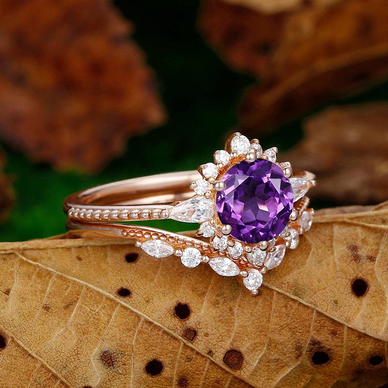 Milgrain Round Cut 14k Rose Gold Sunburst Halo Natural Amethyst Engagement Ring Set - Esdomera