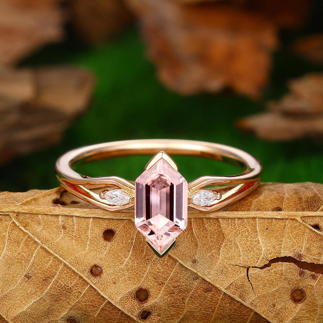 Minimalist 1.1CT Long Hexagon Cut Natural Pink Morganite 14k Solid Gold Ring - Esdomera