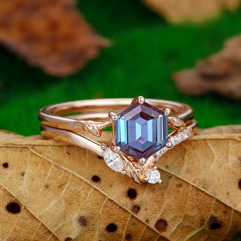 Minimalist Hexagon Cut 18k Rose Gold Alexandrite Nature Inspired Leaf Band Ring Set - Esdomera