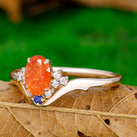 Minimalist Oval Natural Orange Sunstone Engagement Ring Unique Promise Anniversary Bridal Ring - Esdomera