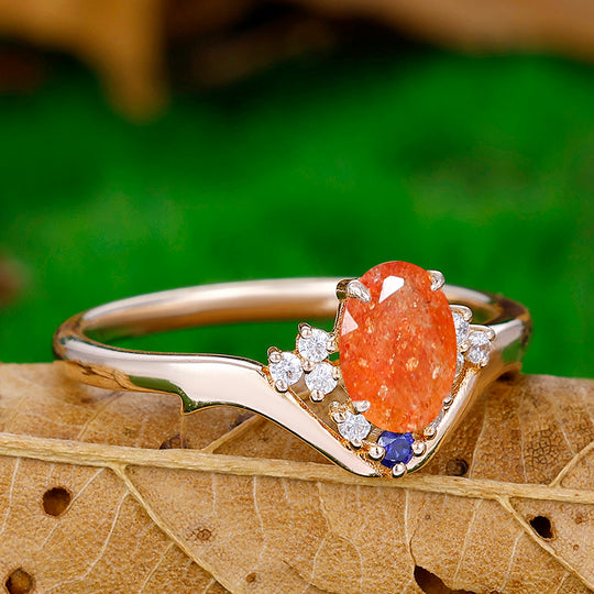 Minimalist Oval Natural Orange Sunstone Engagement Ring Unique Promise Anniversary Bridal Ring - Esdomera