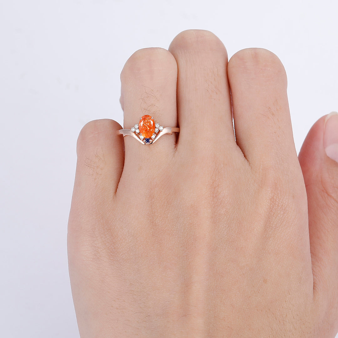 Minimalist Oval Natural Orange Sunstone Engagement Ring Unique Promise Anniversary Bridal Ring - Esdomera